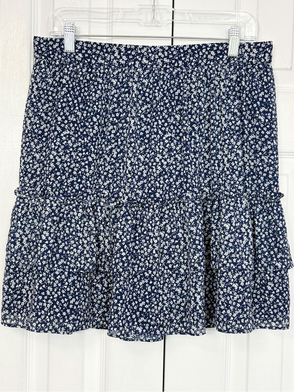 J. Crew Navy Blue Ditsy Floral Stretch Pull-On Ruffle Tiered Mini Skirt M